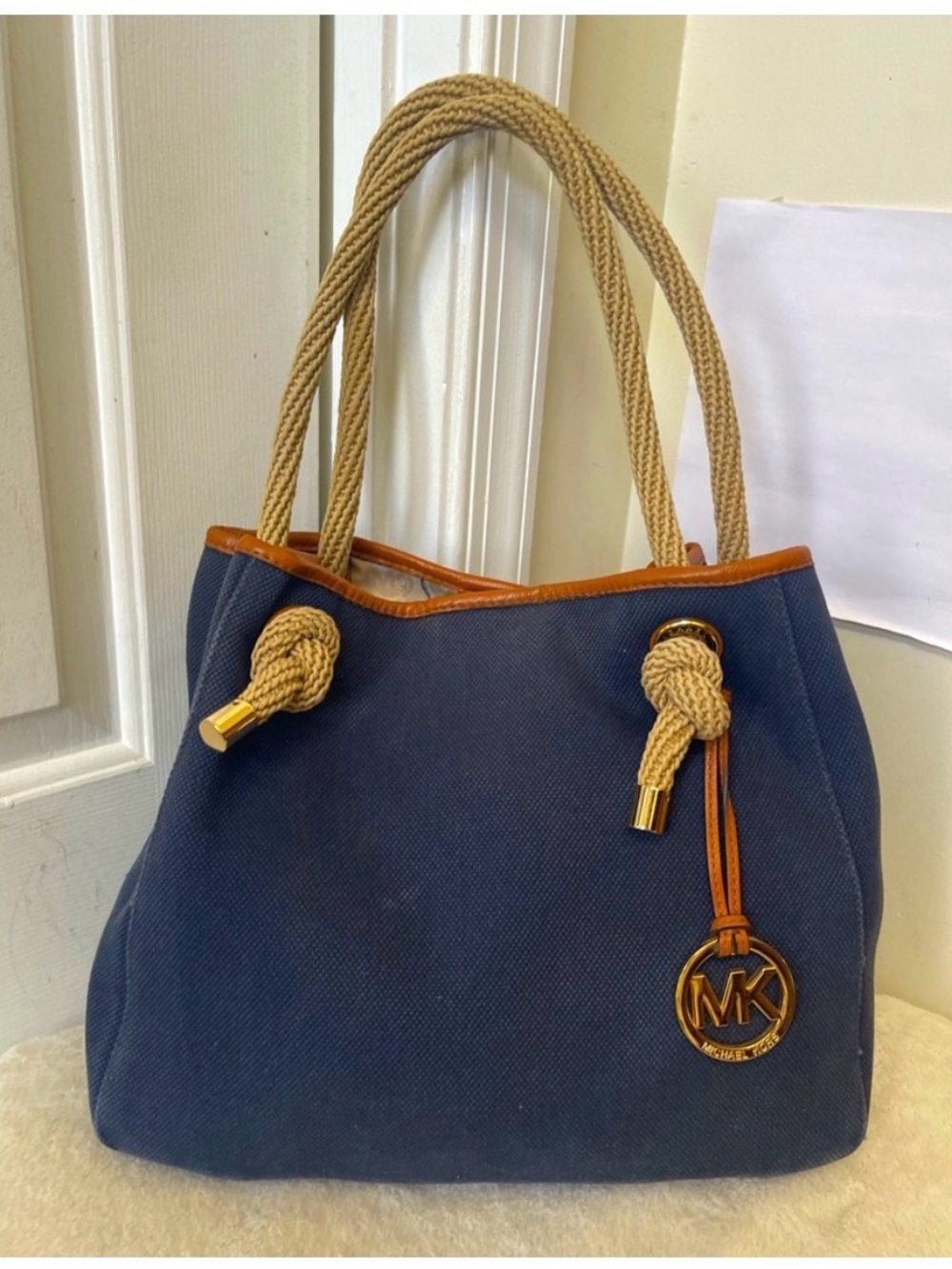 Michael Kors Navy Canvas Tote with Tan Rope Handles and Brown Trim